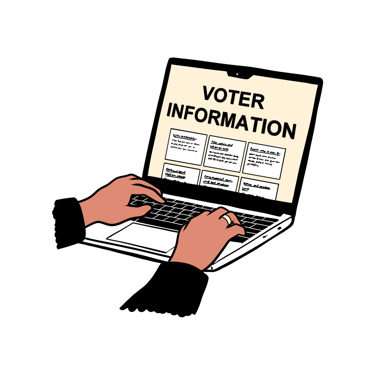 A close up illustration of a person using a computer to look up voter information. 