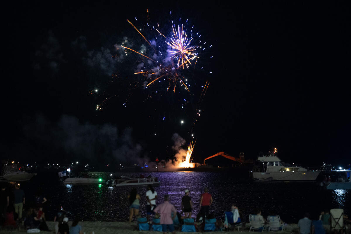 Fireworks are shot into the air during the annual firework show over the Mississippi Sound on Saturday, July 4, 2026.