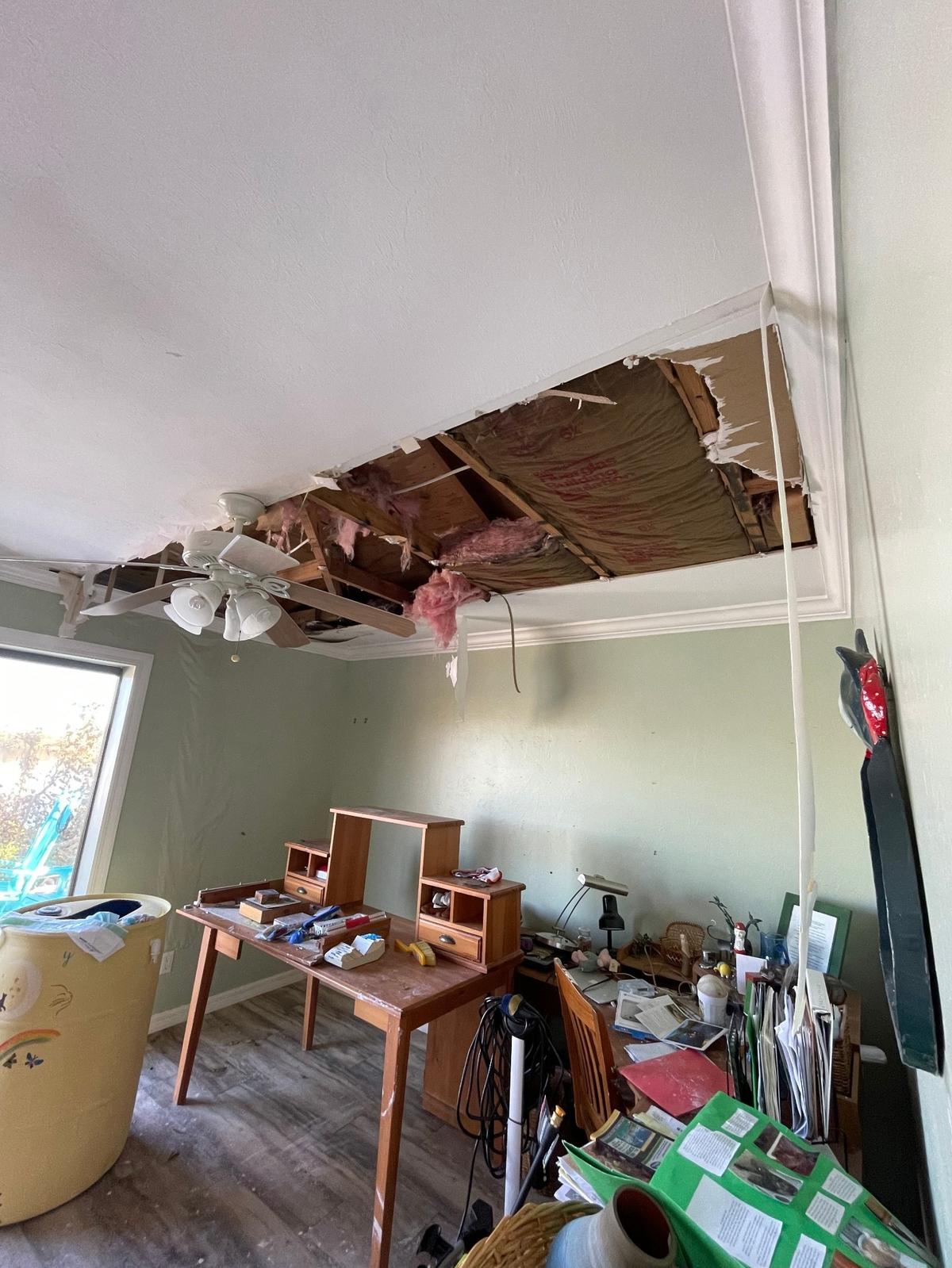 Part of Cindy Eaton’s ceiling was heavily damaged after Hurricane Ian struck as a Category 5 storm in September 2022.