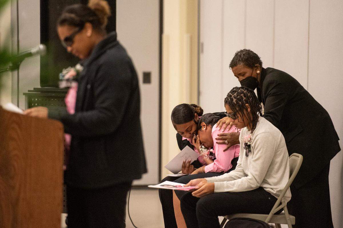 Family members of Ni’Kyra Dedeaux react as a tribute is spoken to her during her funeral at Lyman Community Center in Gulfport on Friday, Jan. 10, 2025. Dedeaux was killed in an alleged terrorist attack on Bourbon Street in New Orleans on Jan. 1.
