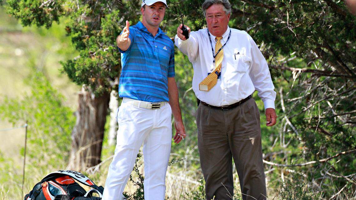 COURTESY PGA TOURBiloxi native Mickey Bradley, right, a PGA Tour rules official, makes a call for Martin Laird during the final round of the Valero Texas Open in San Antonio in April 2013.