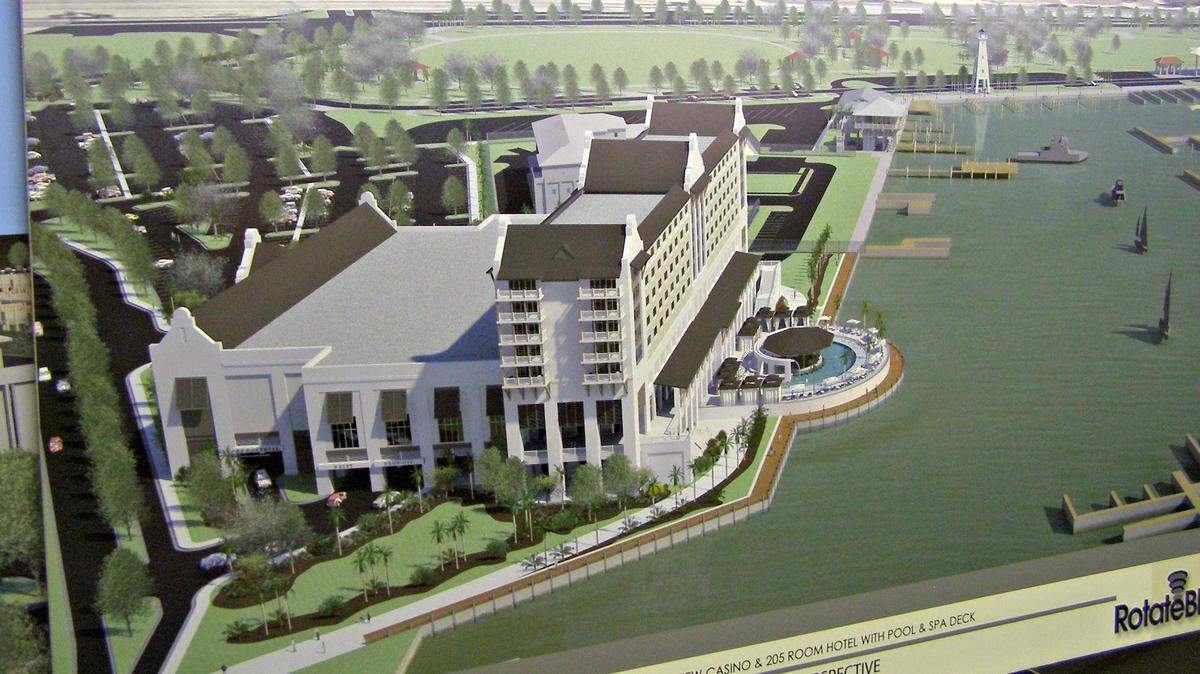 A rendering of Rotate Black’s casino is displayed at the Mississippi Gaming Commission meeting in Jackson. The project later was proposed as a Hemingway resort, but Rotate Black MS LLC was unable to secure financing.