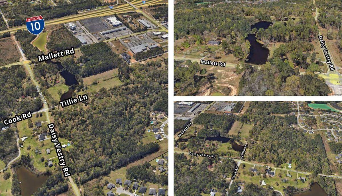 This montage of photos shows a 12-acre site recently sold on Mallet Road, east of The Promenade and the shops at Sangani Boulevard in D’Iberville.