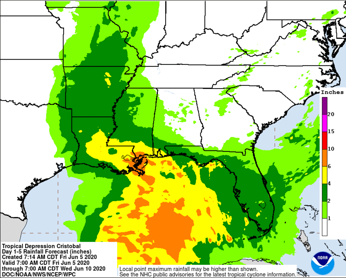 Inches of rain are forecast for the Gulf Coast in the coming days as Cristobal moves toward the Gulf Coast.