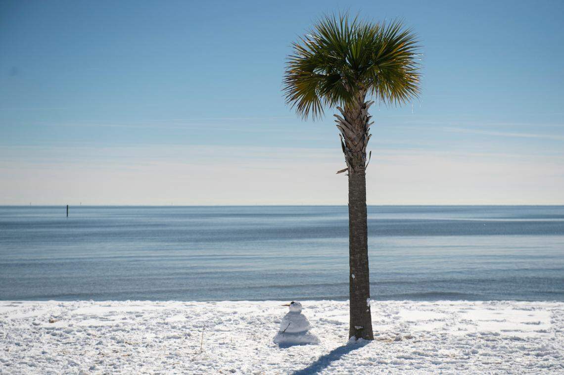 A tiny snowman enjoys the view Wednesday, Jan. 22, 2025, in Gulfport.