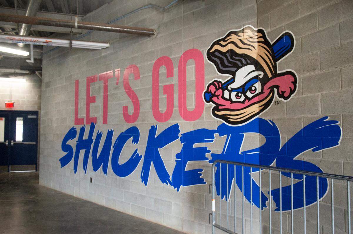 New signage in the area between the elevator and the dugouts at Shuckers Ballpark on Friday, May 10, 2024. During the offseason, Shuckers Ballpark underwent renovations, including all new signage around the park.