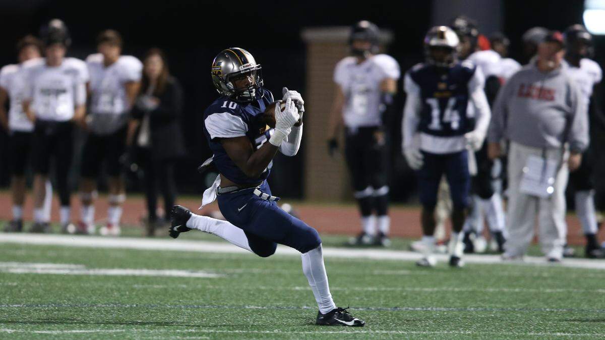 Mississippi Gulf Coast Community College receiver Marquise Bridges pulls in a pass against East Mississippi Saturday night, Nov. 3, 2019, in Perkinston.