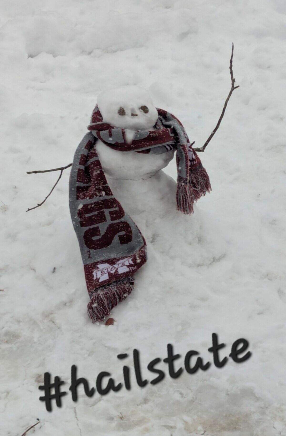 Fai Moore Lamberth send in this photo of a snowman ready to cheer on Mississippi State. “Not my first snow (we lived in RI one winter) but it was for our grandkids,” she said. “They loved it! So much fun!”