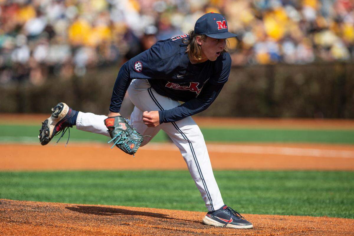 Ole Miss pitcher Hunter Elliot throws a pitch during the Super Regionals Final at Pete Taylor Park in Hattiesburg on Sunday, June 12, 2022.