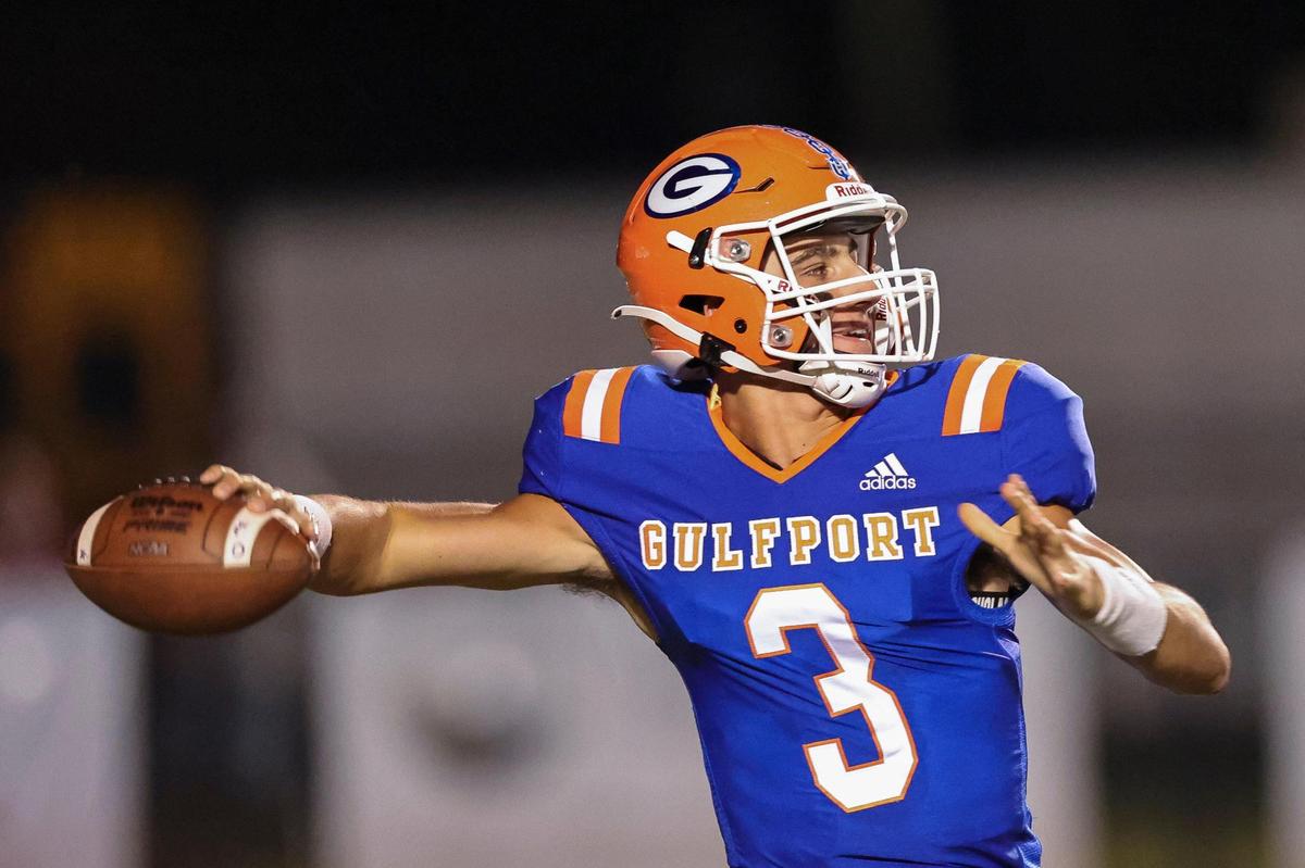 Gulfport Admirals quarterback Jacob Palazzo (3) sets up for a pass during the game between Hancock and Gulfport at Milner Stadium, Gulfport, Mississippi, October 8, 2021.