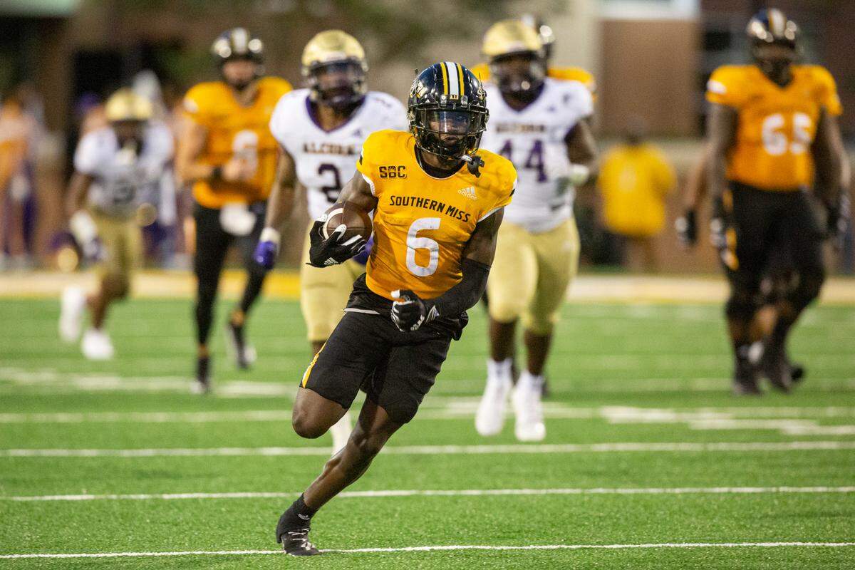 Southern Miss Golden Eagles wide receiver Latreal Jones (6) runs the ball during a Southern Miss game at M.M. Roberts Stadium in Hattiesburg on Saturday, Sept. 2, 2023.