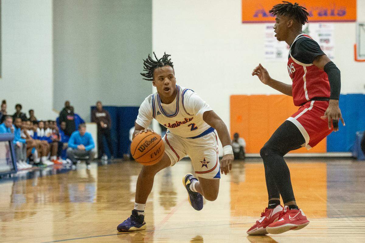 Gulfport’s Gavin Brown dribbles the ball during a game against Biloxi at Gulfport High School in Gulfport on Friday, Jan. 13, 2023.