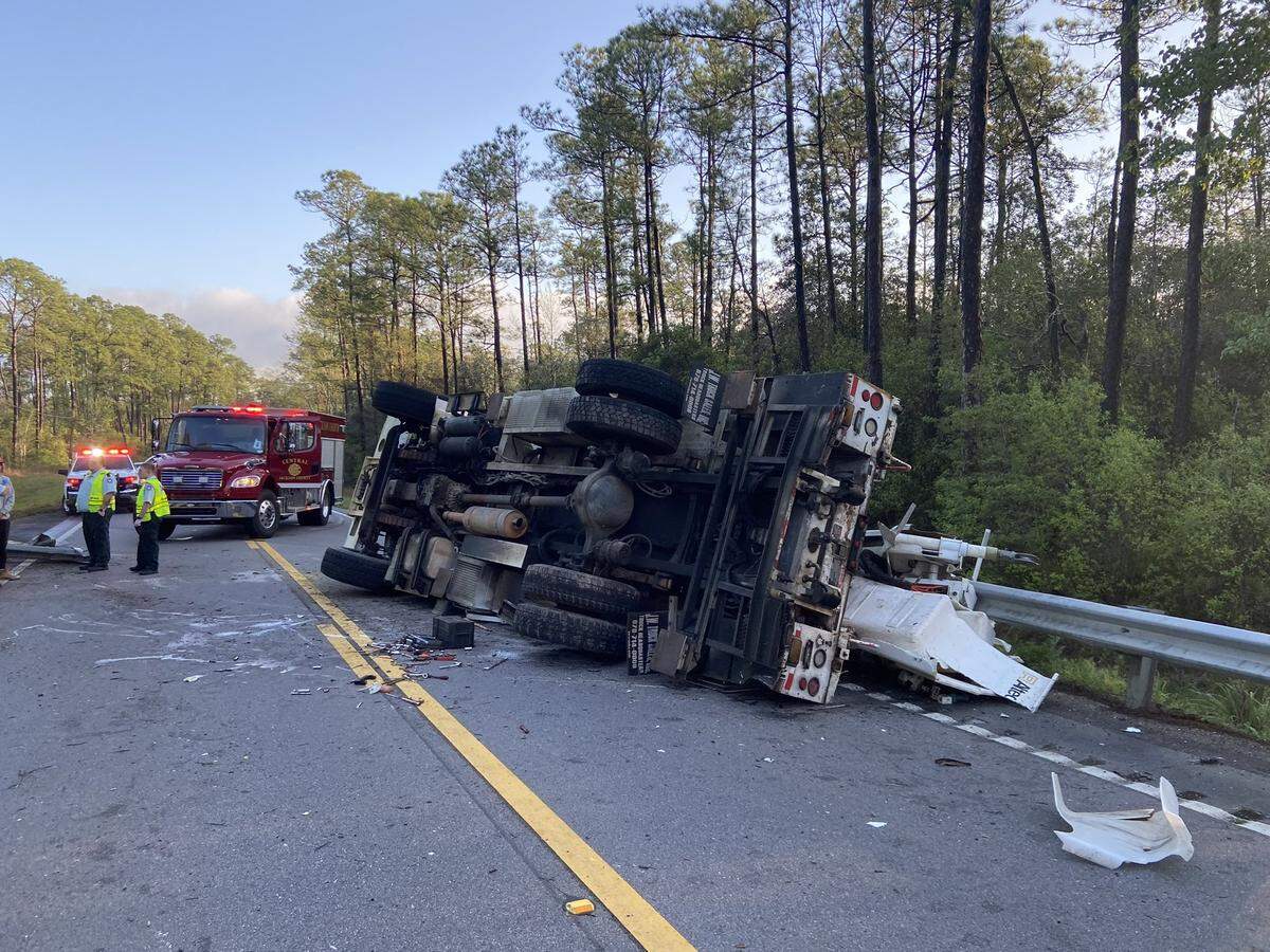 Traffic will be blocked for hours on Wednesday, March 31, 2022, after a power truck overturned on Highway 57 near Quave Road.