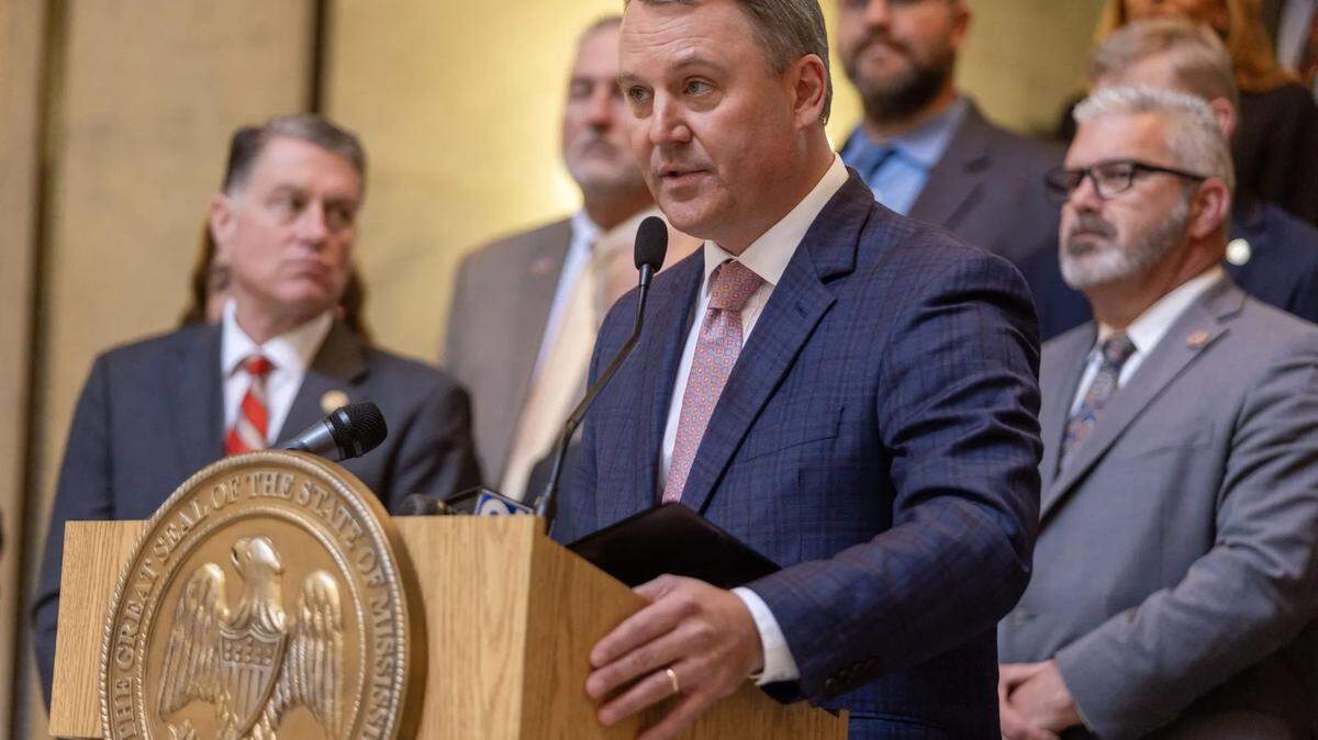 House Speaker Jason White speaks during a news conference at the Capitol in Jackson on March 7, 2024.