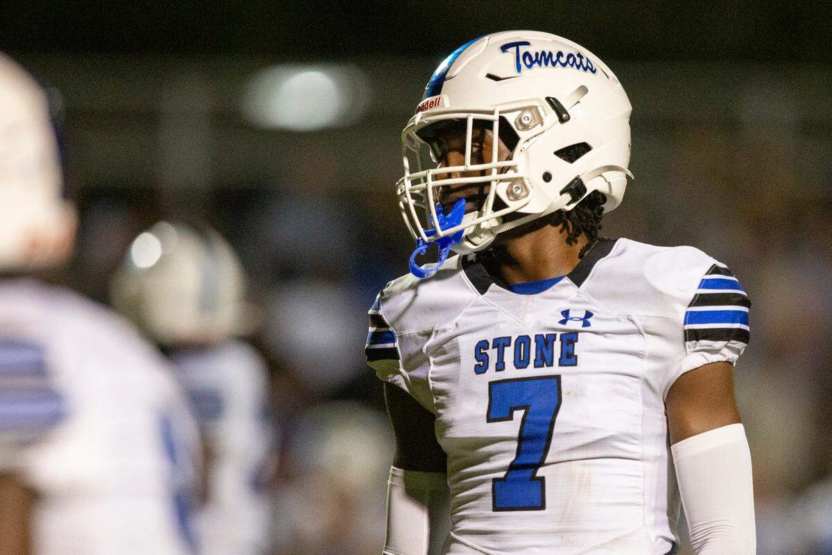 Stone’s Willie Breland during a game against St. Stanislaus at St. Stanislaus High School in Bay St. Louis on Friday, Sept. 29, 2023.