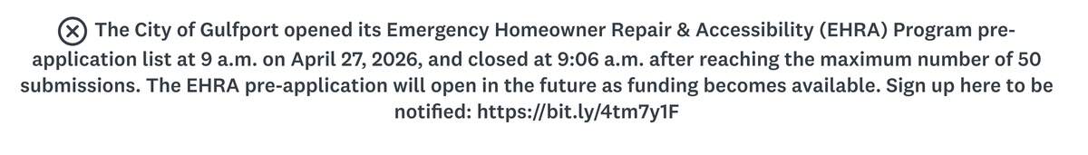 The city of Gulfport’s portal for federal home repair grant applications quickly closed because of high demand. The city said it would process the first 50 applications for funding eligibility to receive grants of up to $25,000 each.