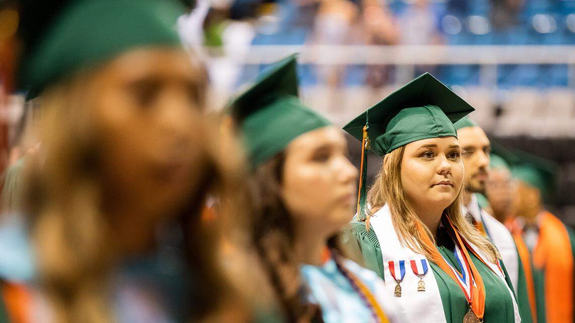 The Harrison County School District has hosted 2020 high school graduations in the Mississippi Coast Coliseum to comply with social distancing guidelines. The graduates were seated on the coliseum floor six feet apart, hand sanitizer stations were posted around the venue, guests were urged to sit six feet apart, and the program was live-streamed. Each graduate was limited to 4 guests.