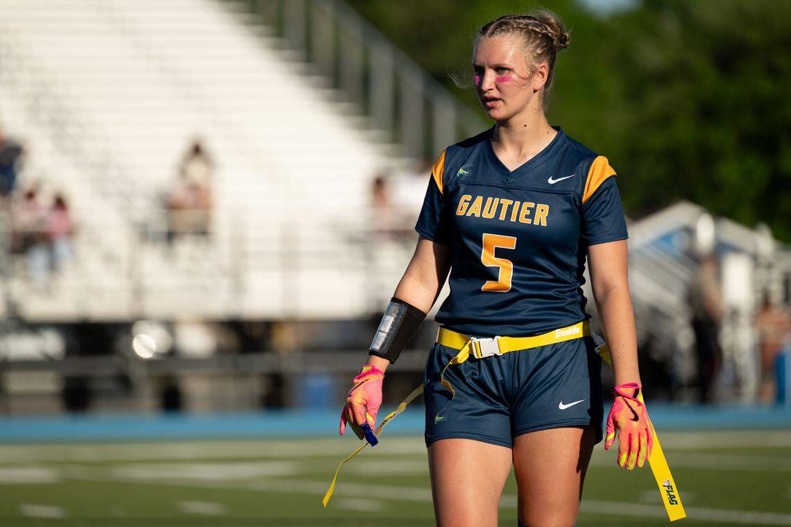 Gautier’s Lillian Domingues (5) prepares for another play during a flag football game at Vancleave High School on April 9.