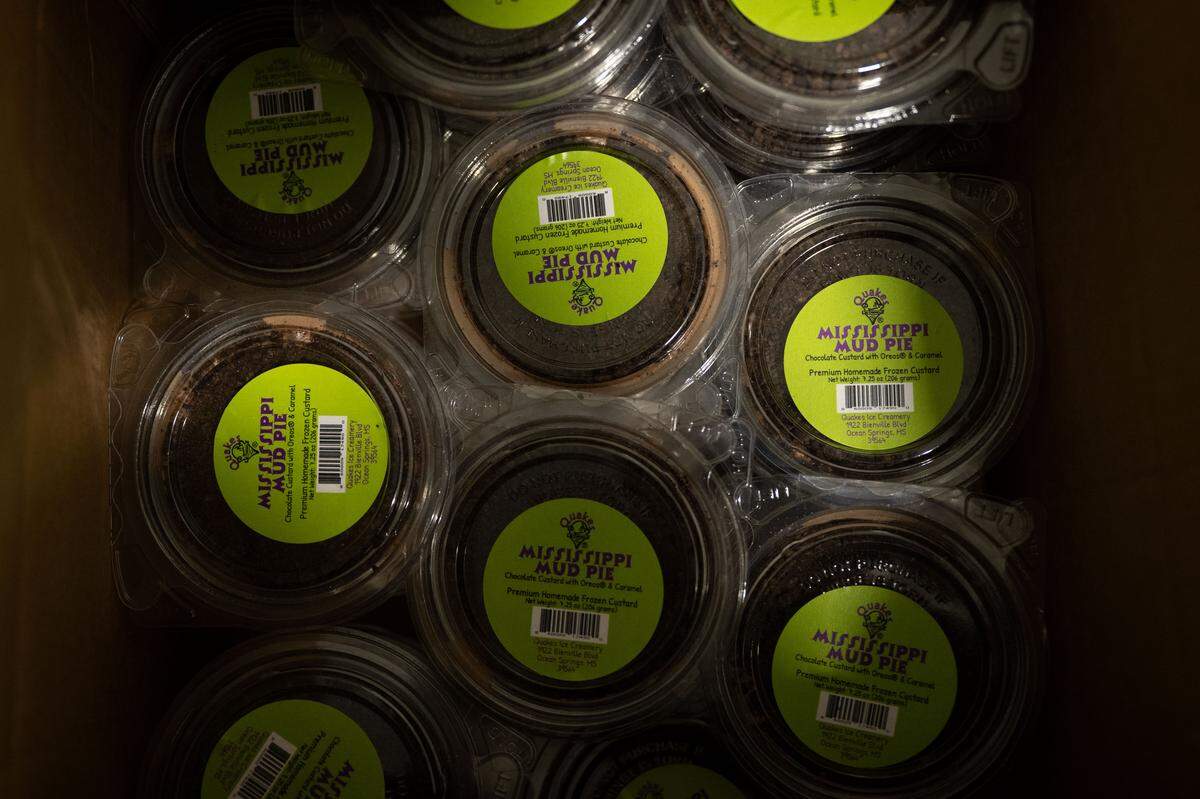A box full of the Mississippi Mud Pie flavor frozen custard is ready to go at the Quakes distribution center in Vancleave.