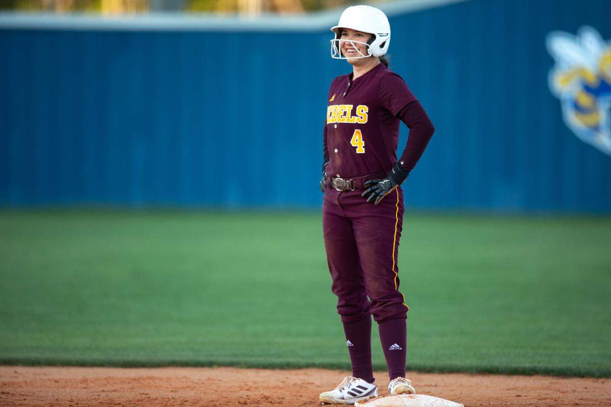 George County’s Irina Sanford makes it to second base during a game at St. Martin on Monday, March 20, 2023.