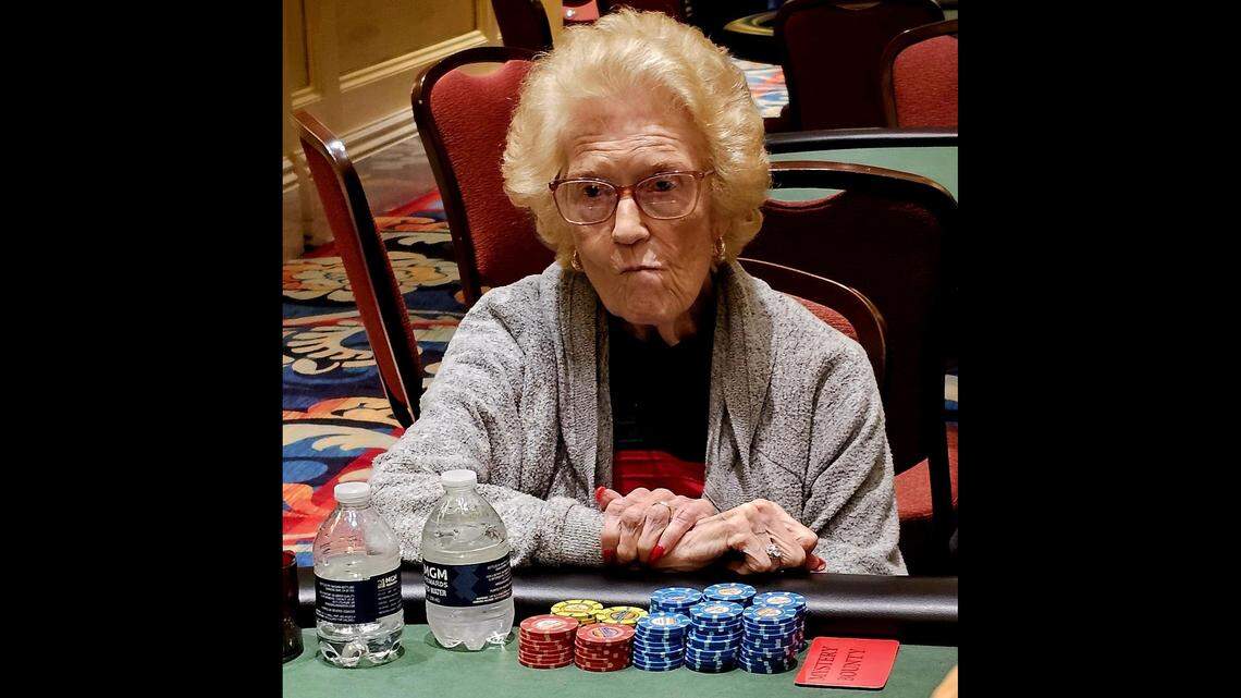 Linda Hammons, 88, has stacks of chips in front of her as she competes in the 2026 Beau Rivage Heater in Biloxi. She developed a fan following on social media.