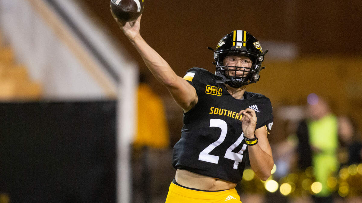 Southern Miss Golden Eagles quarterback Jake Lange (24) throws a pass during a game against Arkansas State at M.M. Roberts Stadium in Hattiesburg on Saturday, Oct. 15, 2022.