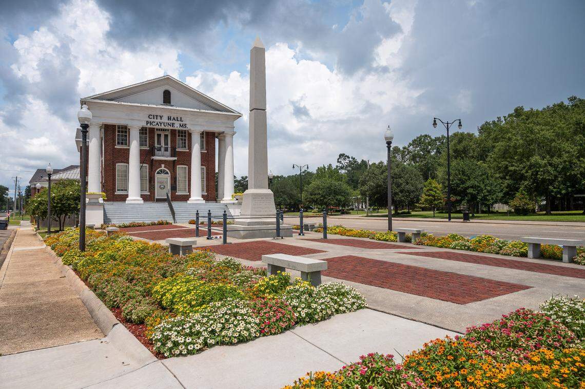 Rain clouds form over Picayune City Hall on Saturday, Aug. 15.
