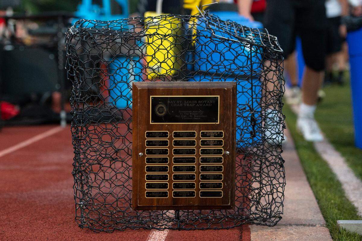 The crab trap trophy, which does to the winner of the rivalry between Bay High and St. Stanislaus during a game at Bay High in Bay St. Louis on Friday, Sept. 1, 2023.