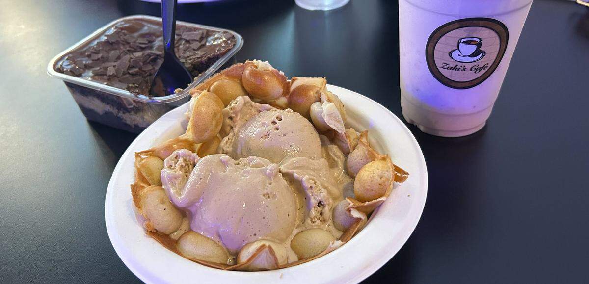 The waffle bowl and gelato with Dubai cake at Zaki’s Cafe in Gulfport, Mississippi.