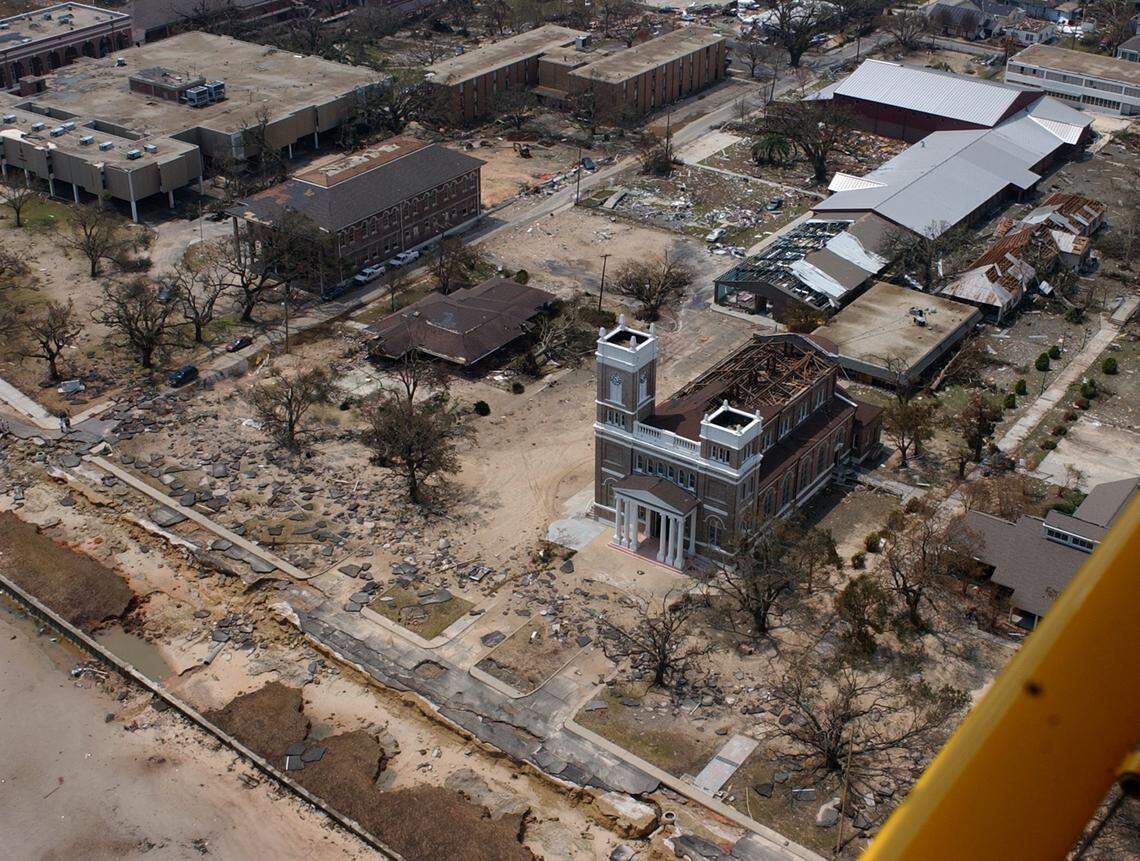 An aerial view of St. Stanislaus High School, OLA High, and Our Lady of the Gulf Catholic Church on Beach Blvd. in Bay St. Louis which suffered damage from the storm surge of Hurricane Katrina. Hurricane Katrina made landfall on the Mississippi Gulf Coast on Monday, August 29th, 2005.