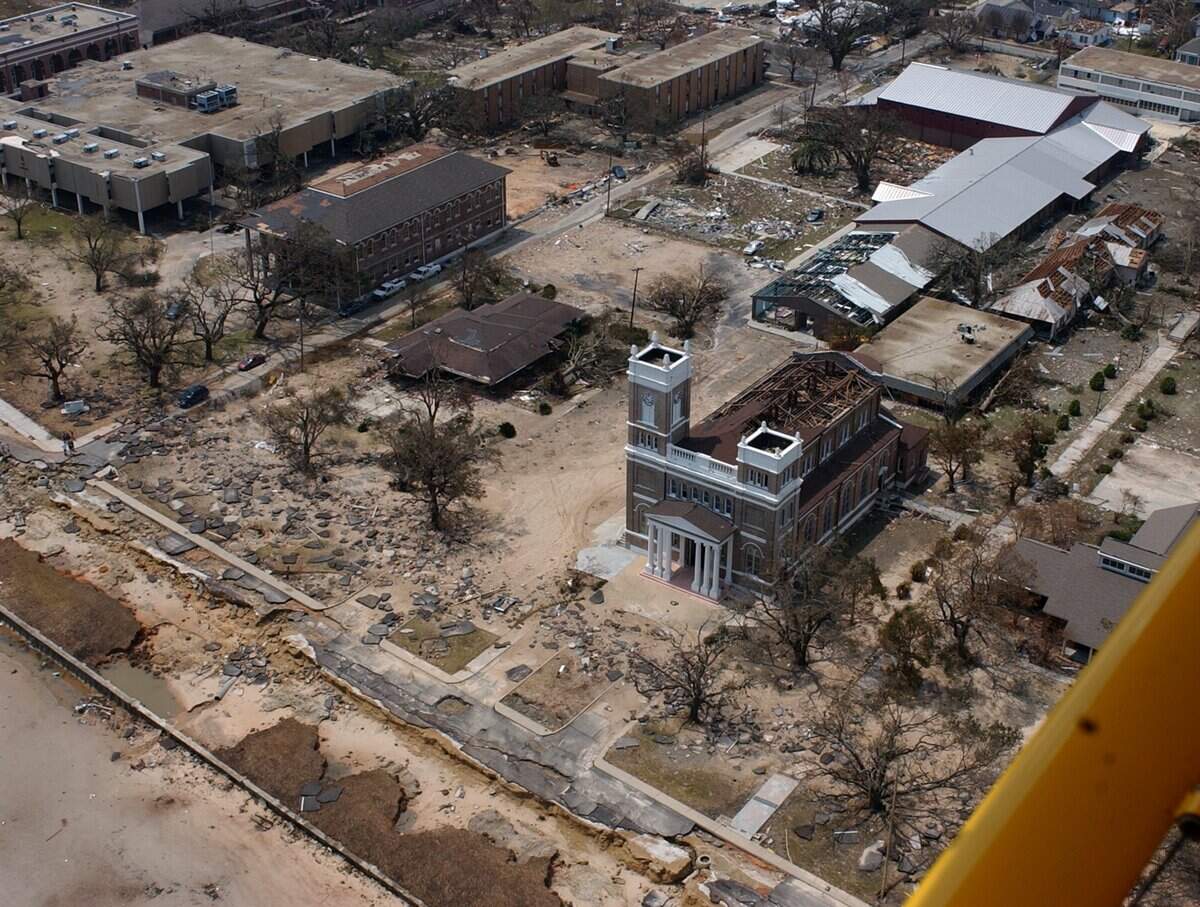 An aerial view of St. Stanislaus High School, OLA High, and Our Lady of the Gulf Catholic Church on Beach Blvd. in Bay St. Louis which suffered damage from the storm surge of Hurricane Katrina. Hurricane Katrina made landfall on the Mississippi Gulf Coast on Monday, August 29th, 2005.