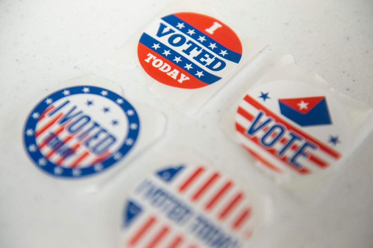 Voting stickers are seen inside a precinct during the municipal primary election on Tuesday, April 1, 2025.