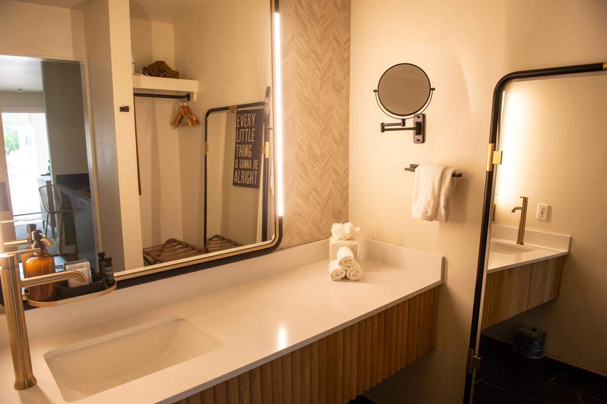 A bathroom in one of the guest rooms at the newly renovated Gulf Hills Hotel and Resort in Ocean Springs on Thursday, Jan. 11, 2024.