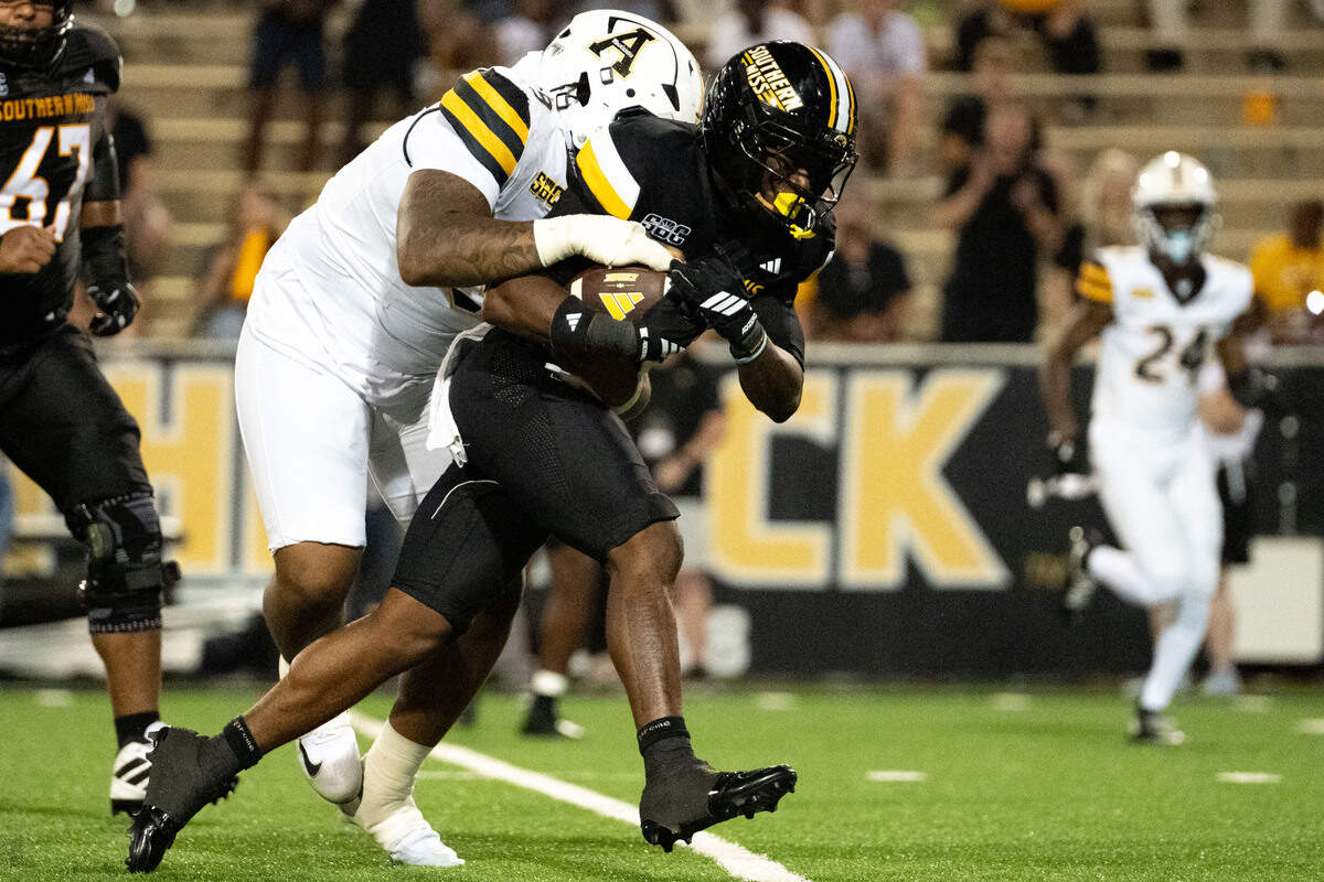Southern Miss wide receiver Tychaun Chapman (2) runs down the field with the ball during a football game at M. M. Roberts Stadium on Saturday, Sept. 13, 2025. The Golden Eagles won 38-22.