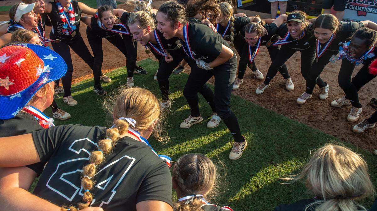 The George County Lady Rebels softball team celebrates after beating Saltillo in the 5A 2023 MHSAA Softball Championship game at USM Softball Complex in Hattiesburg on Thursday, May 18, 2023.
