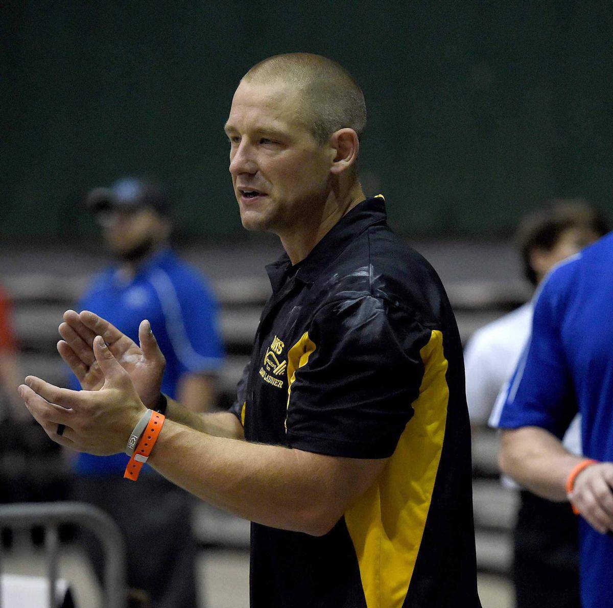 CHRIS TODD/SPECIAL TO THE SUN HERALD D’Iberville coach Josh Ladner (left) and Gulfport coach Logan Fallow (right) watch their lifters compete in the Class 6A competition on Saturday, April 16, 2016, at the MHSAA State Powerlifting Championships in the MIssissippi Coliseum in Jackson, Miss.