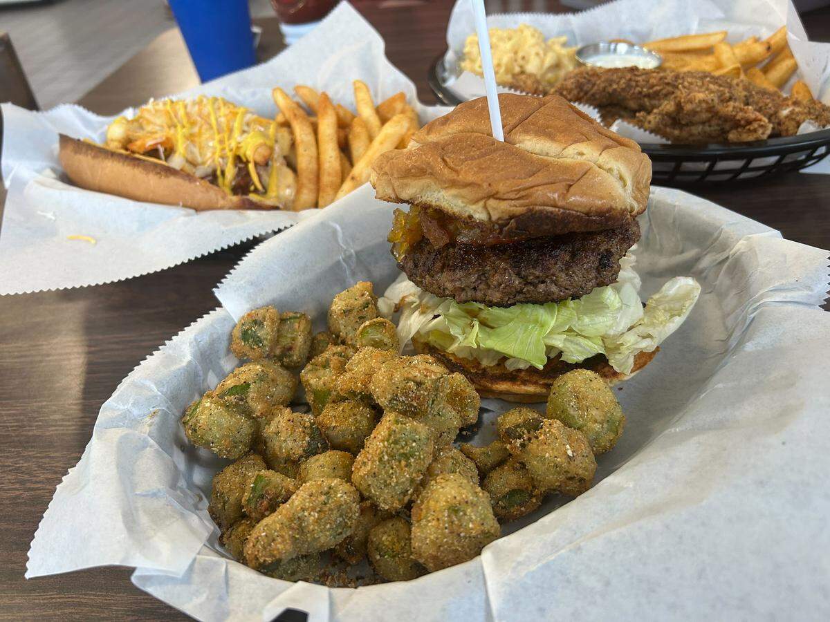 The crawfish burger found at PB’s Twisted “Q” in McHenry, South Mississippi