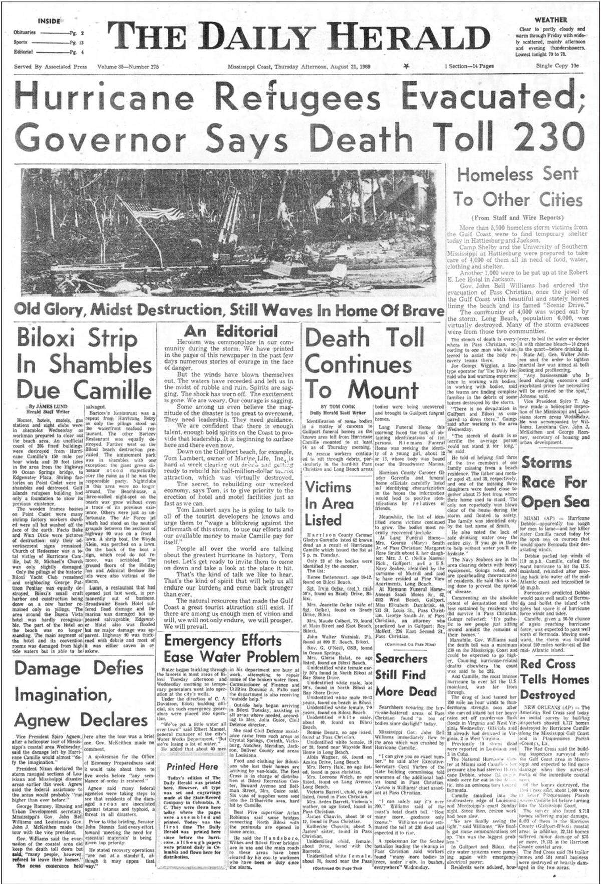 The front cover of the Daily Herald on Aug. 21, 1969 reports the destruction of Hurricane Camille, which hit the Coast 4 days earlier. Former Publisher Roland Weeks will talk about those times June 7 at the first lunch presentation of the Camille exhibit at the Biloxi Maritime & Seafood Industry Museum.