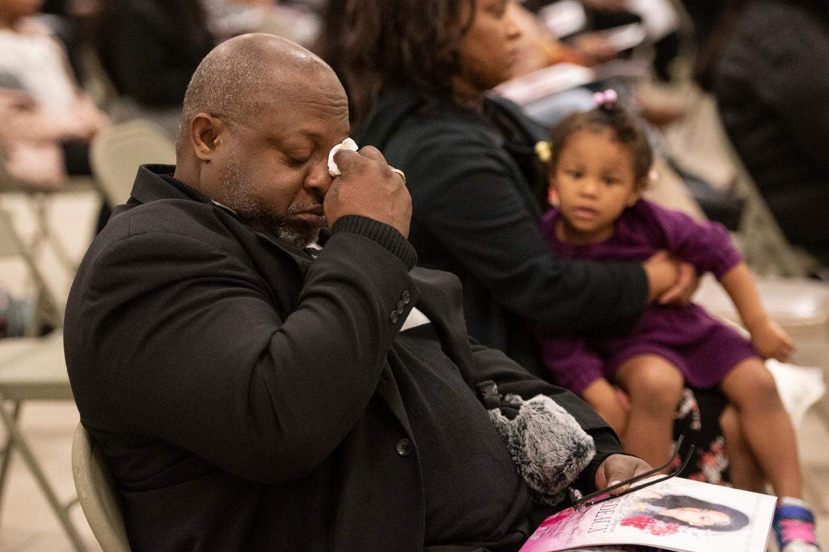 A mourner reacts during the funeral of Ni’Kyra Dedeaux at Lyman Community Center in Gulfport on Friday, Jan. 10, 2025. Dedeaux was killed in an alleged terrorist attack on Bourbon Street in New Orleans on Jan. 1.