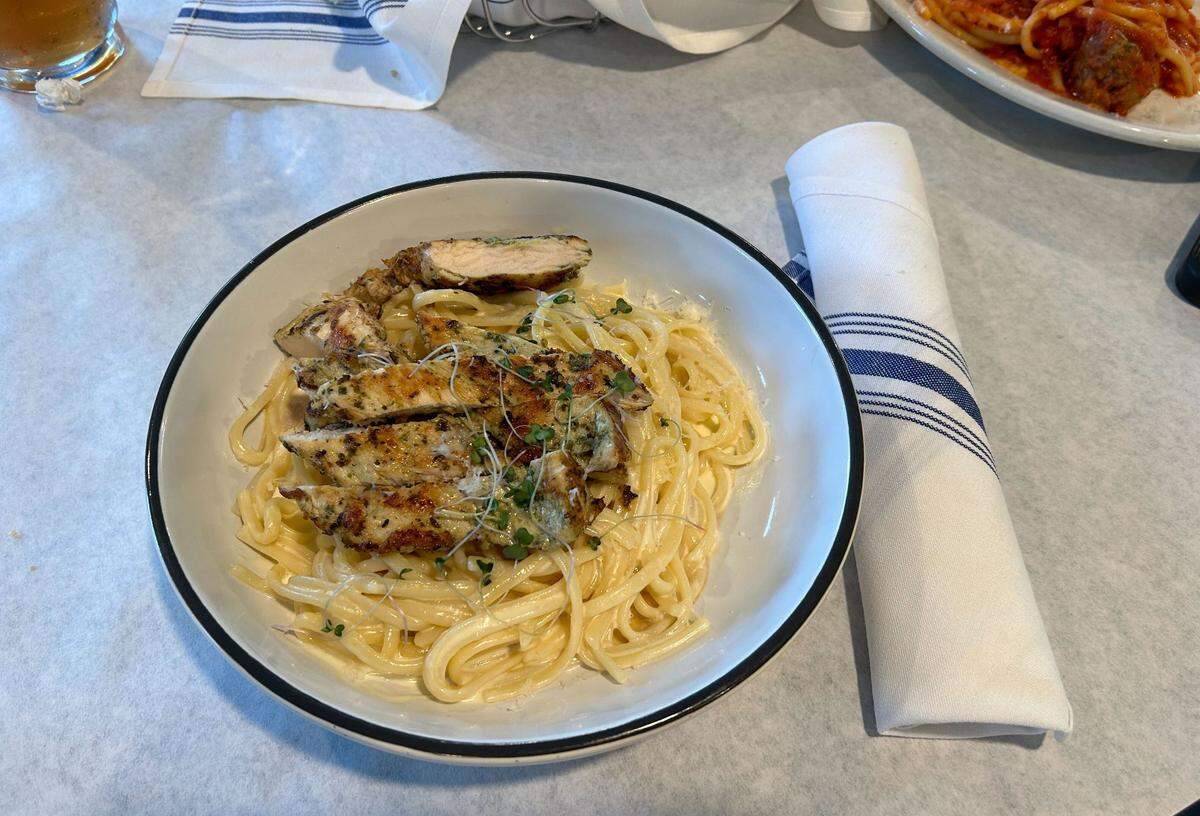 Ava’s Alfredo with chicken from Beachside Bistro in Bay St. Louis, Mississippi.