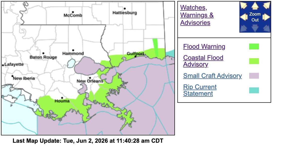 This National Weather Service graphic shows coastal flood advisories for South Mississippi and South Louisiana, and a Pascagoula River flood warning.