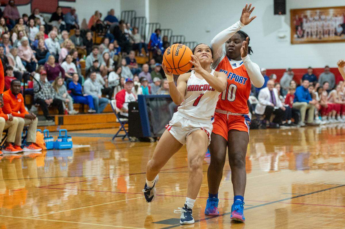 Hancock’s Talana Bond shoots a shot during a game against Gulfport at Hancock High School in Kiln on Tuesday, Jan. 10, 2023.