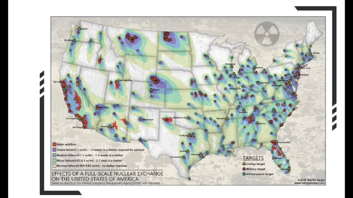 A map showing nuclear attack and fallout prediction across the U.S.