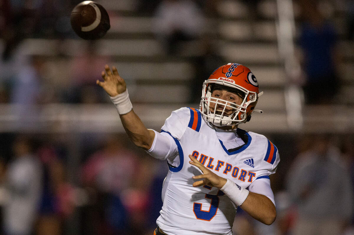 Gulfport quarterback Jacob Palazzo throws a pass during a game at Greyhound Stadium in Ocean Springs on Friday, Oct. 28, 2022.