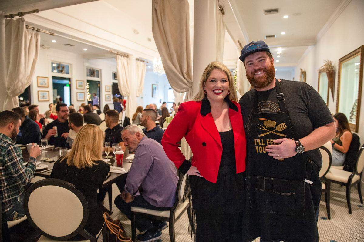 White Pillars owners Tresse Sumrall and Austin Sumrall pose for a photo inside the dining room of White Pillars before the start of drag brunch in Gulfport on Sunday, Dec. 19, 2021. Tresse says that drag brunch, as well as the other events that they do, have made a big impact on the success of White Pillars.