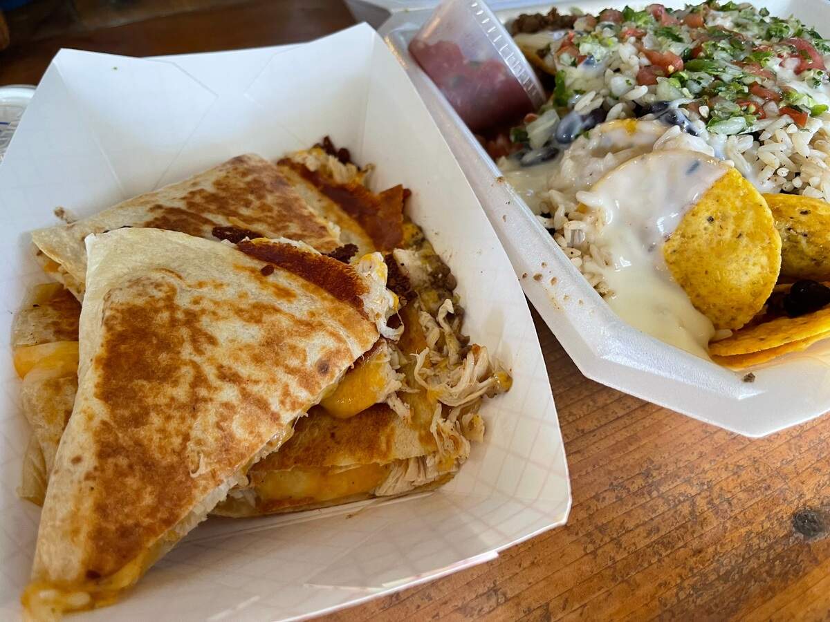 The chicken quesadilla and loaded beef nachos at Tamale Shak in Gulfport.