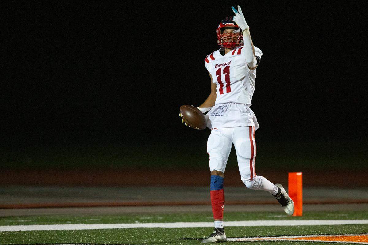 Hancock’s Neil Acker celebrates after scoring during a game at West Harrison High School in Harrison County on Friday, Oct. 6, 2023.