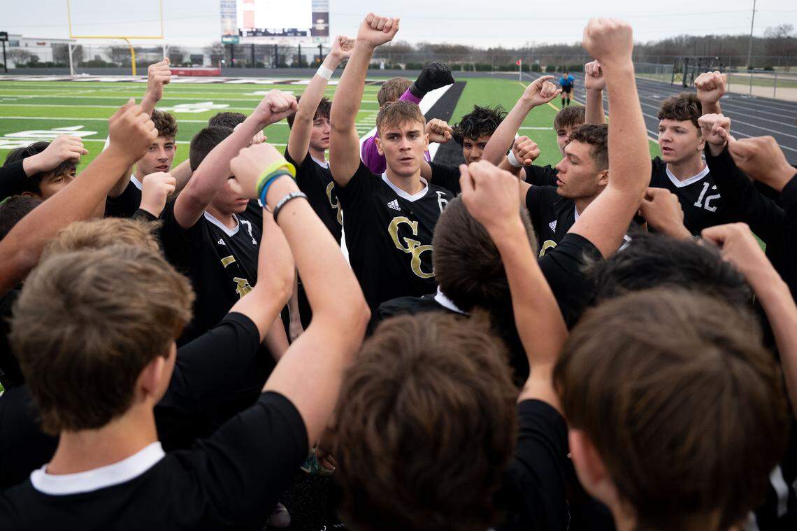 George County's Ethan Holland (6) breaks the pregame huddle during a 6A boys soccer state championship game at Germantown High School in Jackson on Saturday, Feb. 21, 2026.