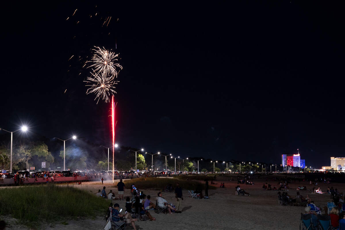 Fireworks are shot into the air during the annual show over the Mississippi Sound on Saturday, July 4, 2026.