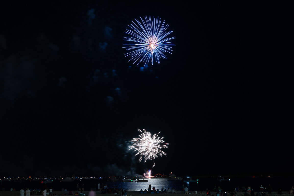 Fireworks are shot into the air during the annual show over the Mississippi Sound on Saturday, July 4, 2026.